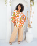 Conjunto feminino plus size de calça alfaiataria lisa com kimono