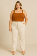 Top Canelado Caramelo Plus Size com Alça Larga e Decote Quadrado