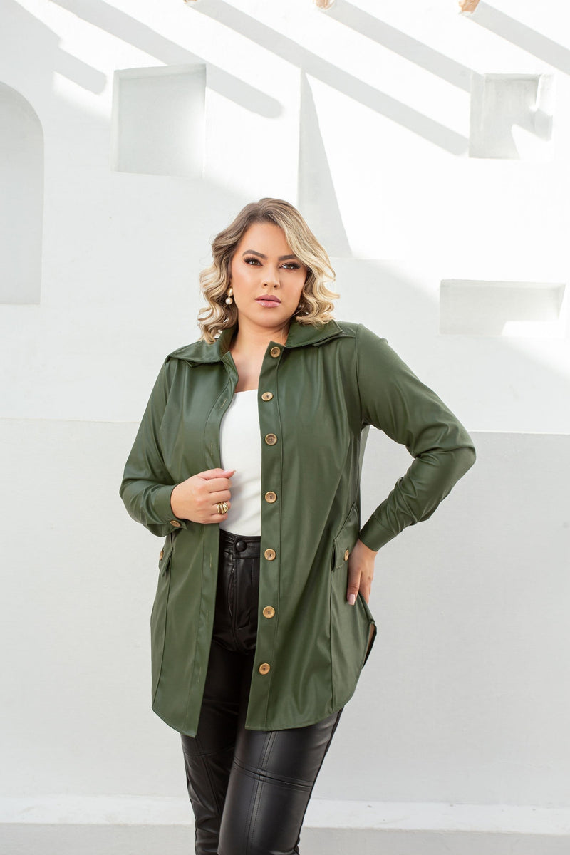 Camisa parka plus size verde em couro fake