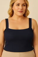 Top Canelado Preto Plus Size com Alça Larga e Decote Quadrado