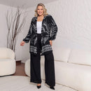 Conjunto Plus Size com Cardigan Estampado Manga Longa e Calça Pantalona Preta – Tamanhos 44 ao 54
