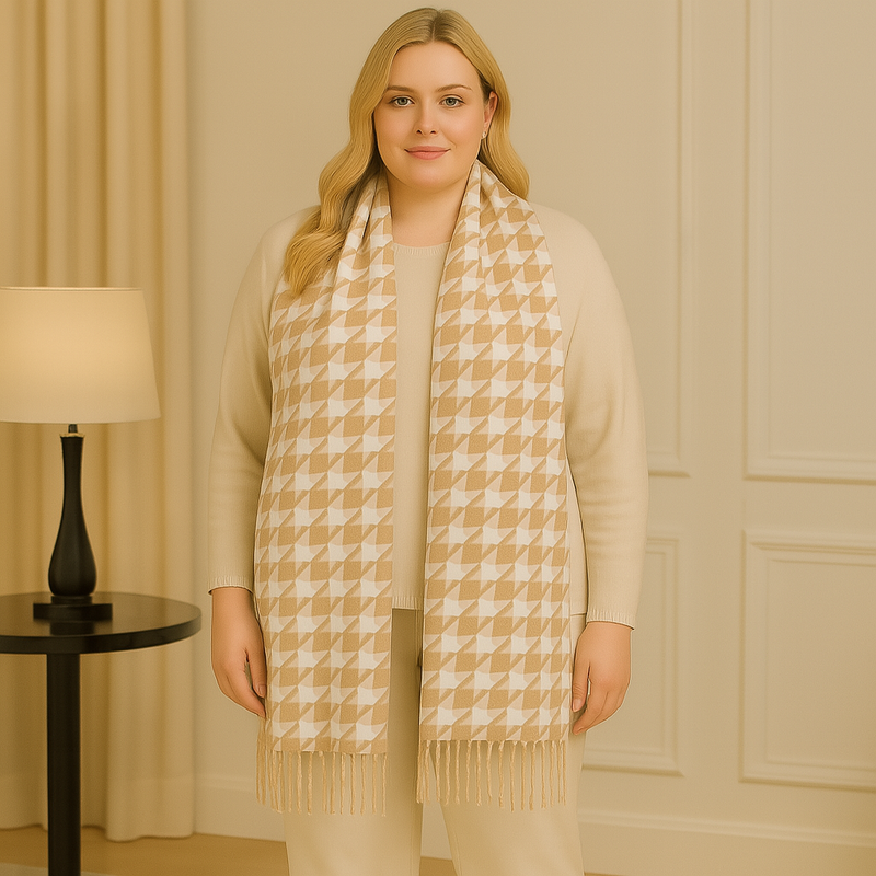 Echarpe Pied-de-Poule Caramelo com Franjas – Clássico Atemporal com Toque Moderno