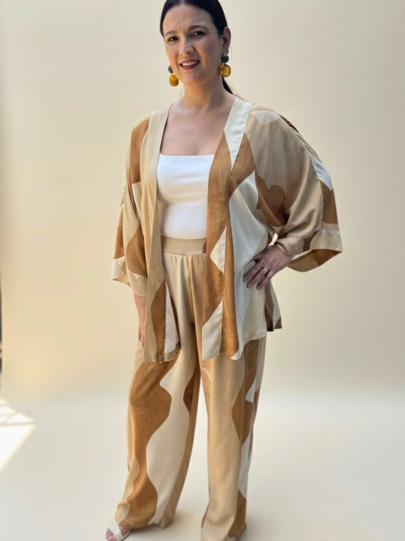 Conjunto Plus size Chic  Calça e Kimono Caramelo