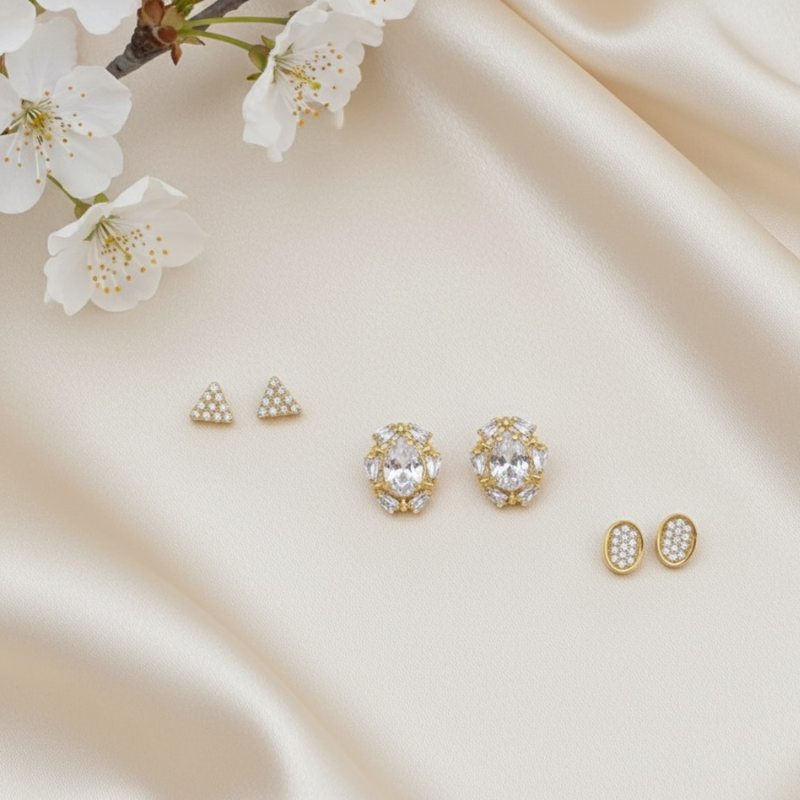 Kit de 3 Brincos Dourados com Zircônia – Elegância em Cada Detalhe