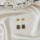 Kit de Brincos Femininos Dourados – Concha Minimalista e Quadrado com Zircônias Pretas