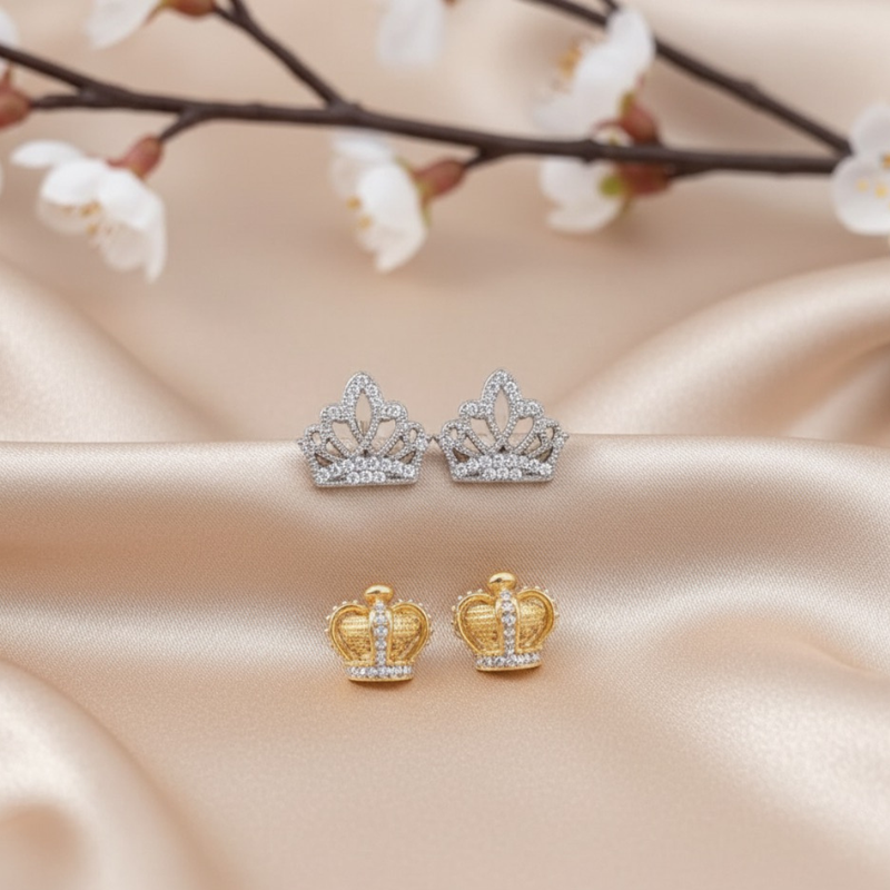 Kit de Brincos Coroa Luxo – Dourado e Ródio Negro com Zircônias