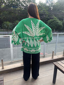 Conjunto plus size elegante calça preta e kimono verde