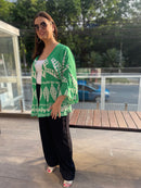 Conjunto plus size elegante calça preta e kimono verde