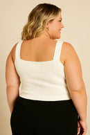 Top Canelado Off-White Plus Size com Alça Larga e Decote Quadrado