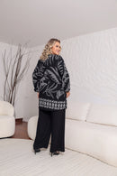 Conjunto Plus Size com Cardigan Estampado Manga Longa e Calça Pantalona Preta – Tamanhos 44 ao 54