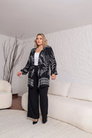 Conjunto Plus Size com Cardigan Estampado Manga Longa e Calça Pantalona Preta – Tamanhos 44 ao 54