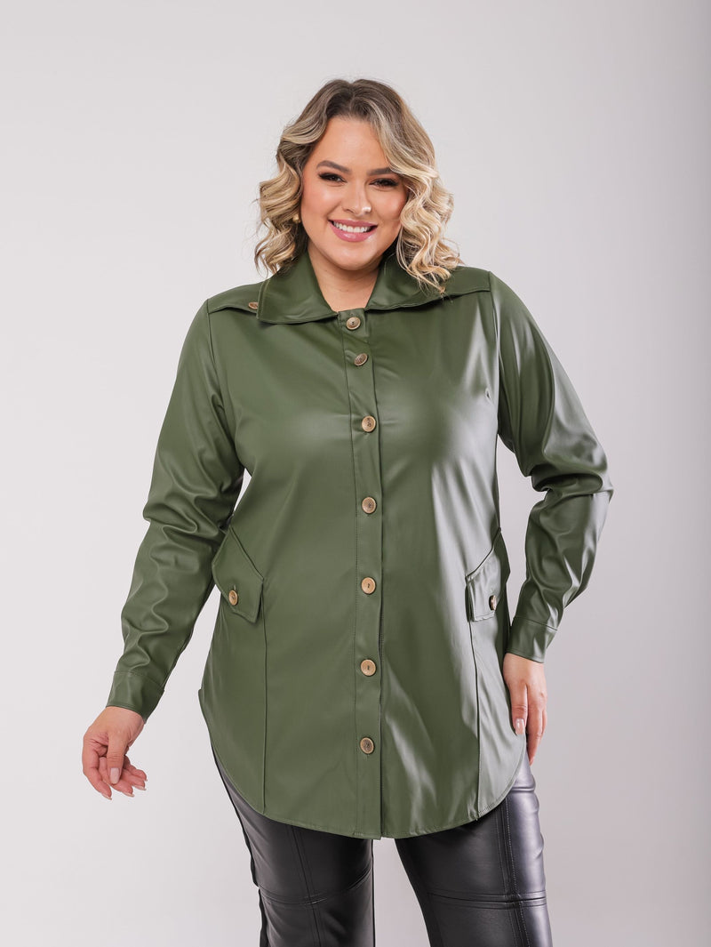 Camisa parka plus size verde em couro fake